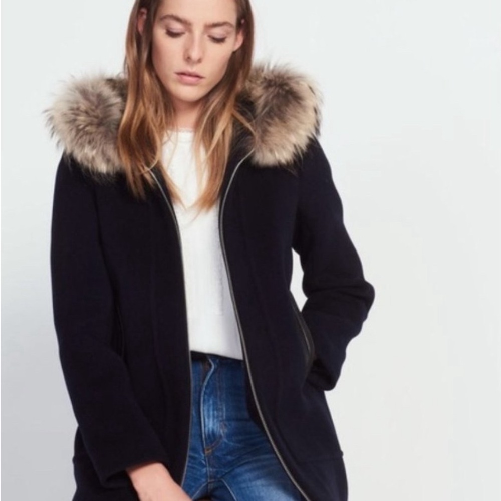 Sandro Fur Trimmed Wool Coat